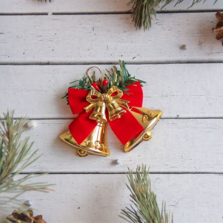 Christmas tree decoration "Bells with a bow" 8x6 cm, red-gold