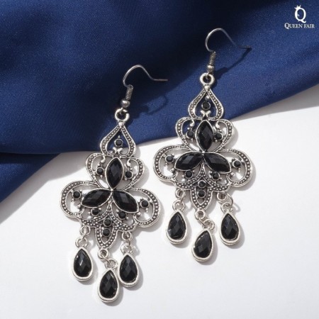 Hanging earrings with rhinestones "East" Trilist, black color in black silver, 8 cm-1