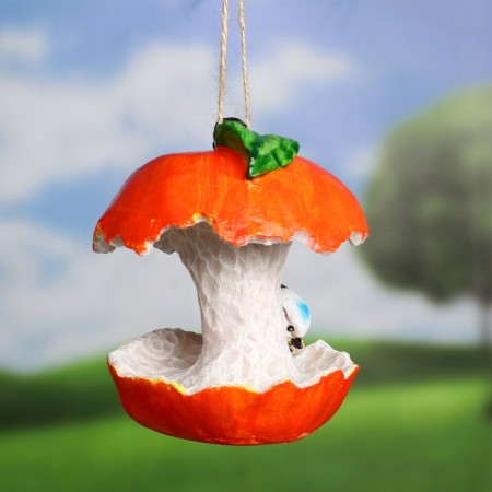 Suspended feeder for the garden and the cottage "Red Apple with a bird" from the polystone, 14cm, small-2