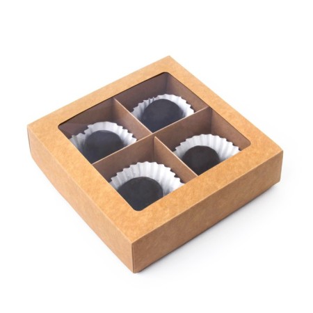 Folding box for 4 sweets with a window, craft, 12.6 x 12.6 x 3.5 cm