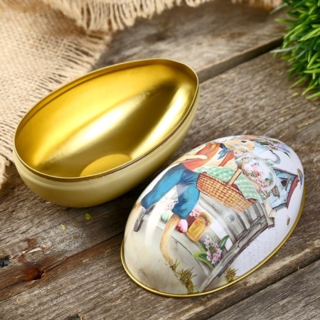 Casket Metal Egg "Hare with a basket" 11x6.5x7 cm-2