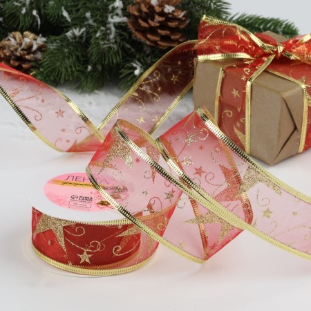 Kapron tape with metal thread “Stars and Binding”, 38 mm × 2.7 ± 0.5 m, red/gold color