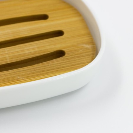 Joy Home soap dish, plastic, white with bamboo-1