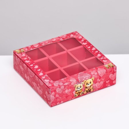 Box for 9 sweets with a shell, pink "bears" 13.7 x 13.7 x 3.5 cm-1