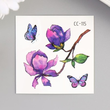 Tattoo on the body color "Lilac flowers and butterflies" 6x6 cm