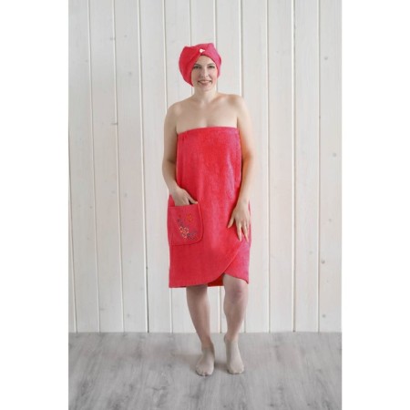 Women's set for the sauna (Pareo+Chalma) with embroidery, raspberry-1