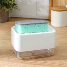 A dispenser for a detergent with a stand for the Raccoon sponge, a sponge in the kit, the color is white