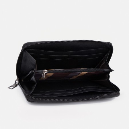 Male purse with zipper, department for bills, for maps, for coins, black color-3