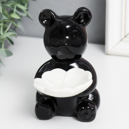 Souvenir ceramics stand "Bear with white flower" black 7x9x10.5 cm
