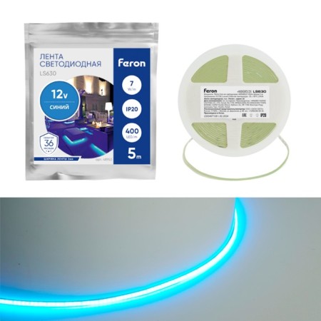 Feron 5 m, IP20, COB LED strip, 400 LED/m, 7 W/m, 12 V, glow of blue