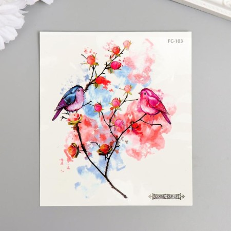 Tattoo on the body color "Birds on a pink bush" 12x10.5 cm