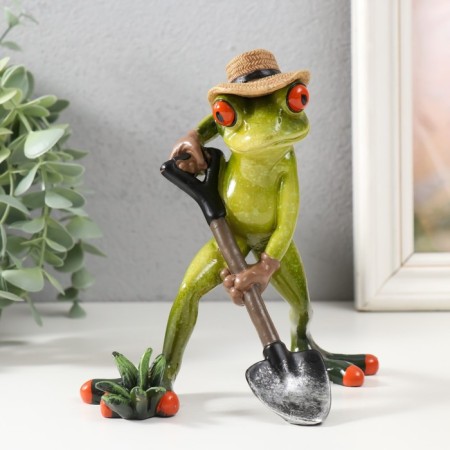 Souvenir Polystone Lac "frog with a shovel, in a straw hat" 10x15x15.5 cm