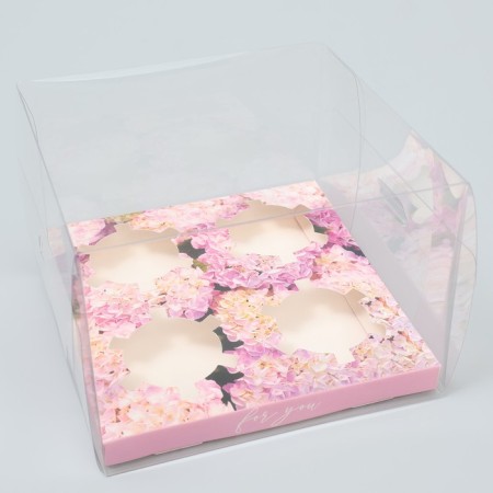 Capcake box, confectionery packaging, 4 cells, "hydrangeas", gold, 16 x 16 x 11.5 cm-1