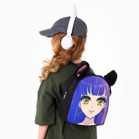 School textile backpack with ears on the hairpins "Anime", 27x23 cm, black/purple-22