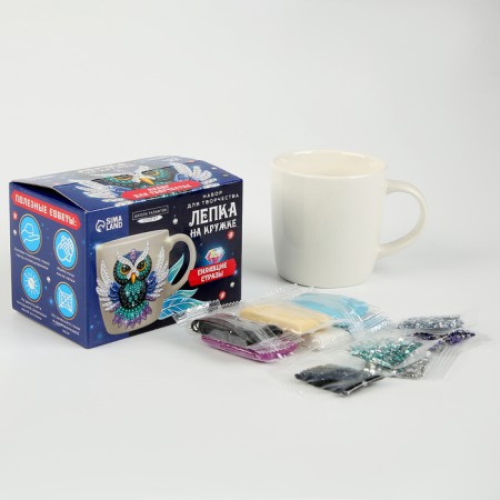 Set for decor mug polymer clay. Modeling on the mug "Night owl", with rhinestones-1