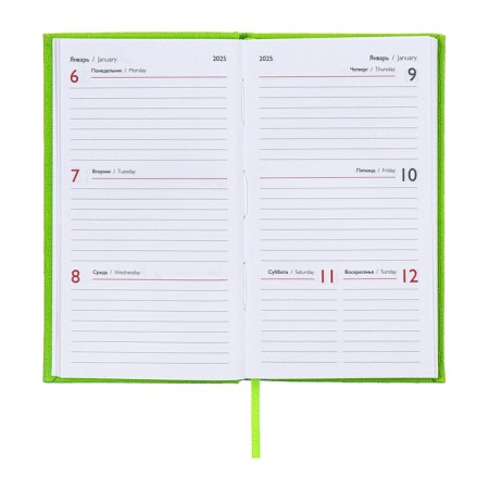 The weekly dated 2025, 85x145 mm, 64 sheets of Escalada, a solid cover made of artificial leather, pancake embossing, block 70 g/m², green-8