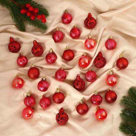 Set of balls plastic D-4 cm, 30 pcs "Melody" Ornament, Red