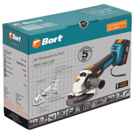 Corner grinder Bort BWS-18LI-125, battery, 18 V, 2x4 Ah, Li-Ion, 125x22.2 mm-10