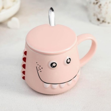 Ceramic mug with a lid and a spoon "Zubastik", 480 ml, color mix-3
