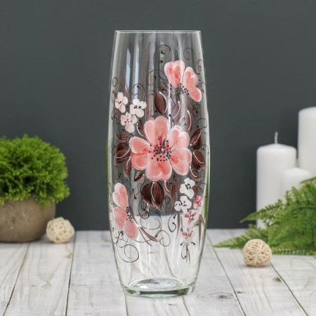Vase "Barrel" H 260 mm. From transparent glass (manual painting) Fig. Hibiscus (r.ch.)