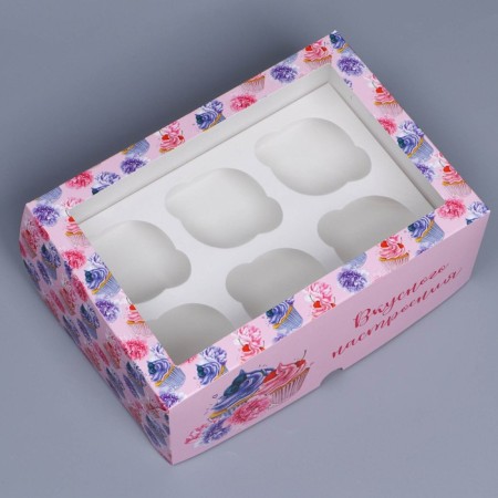 Box for cupcakes, confectionery packaging with a window, 6 cells of "delicious mood", 25 x 17 x 10 cm-1