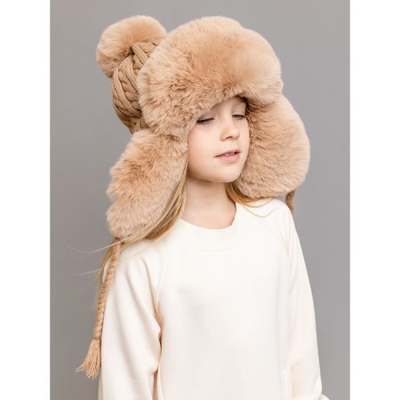 Children's knitted hat with fur, size 52, beige color-1
