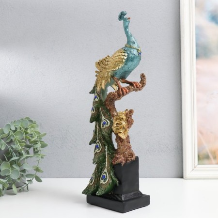 Polystone souvenir "Peacock with green gray feathers, sapphire on a branch" 13.5x9x36 cm-3