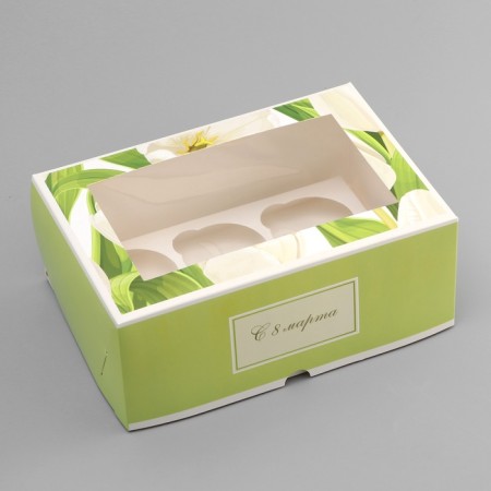 Box for 6 cupcakes with a window, "March 8", 25 x 17 x 10 cm, confectionery packaging-1