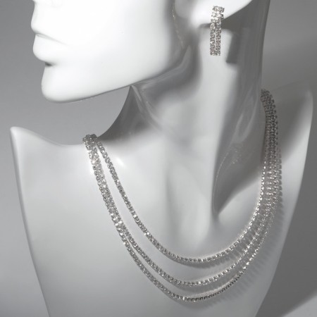 Set 2 objects: earrings, necklace "Waterfall" three threads, white color in silver, 44 cm