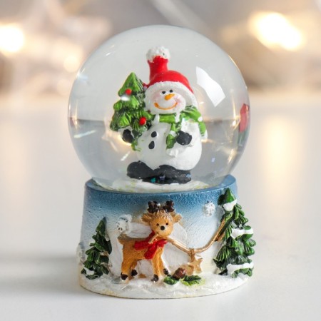 Souvenir Polystone Water Ball "Snowman with a Christmas tree and deer" 4.5x4.5x6.5 cm-1