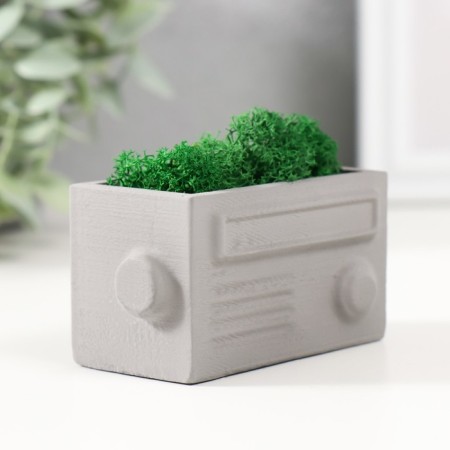 Kashpo concrete mini "Retro radio" with moss lightly gray 8x4x4.5cm (moss green stabilizer.)-1