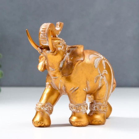 Souvenir Polystone "African elephant with palm trees" aged gold 14x7x16.5 cm-1