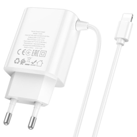 Network charger HOCO C103A, 2 USB, 2.1 A, built -in Lightning cable, 1 m, white-1