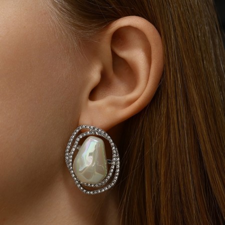 Earrings with pearls "abstraction" desire, white color in silver, stone and color mix-3