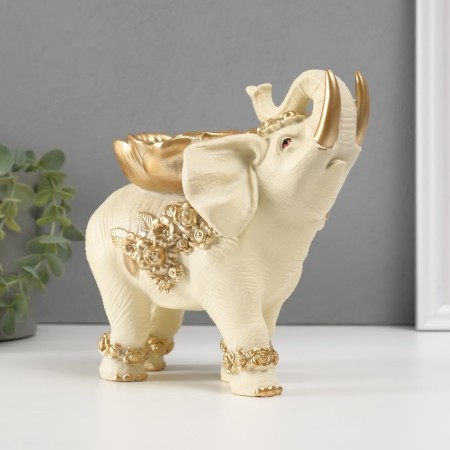 Souvenir Polystone "Beige Elephant with a Golden Flower" 18x14x19 cm-2