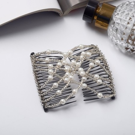 Hair clip "grid" beads, 9.5 cm, white