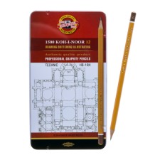 A set of pencils of black-grade 12 pieces of Koh-I-Noor 1500, HB-10H, in a metal pencil case