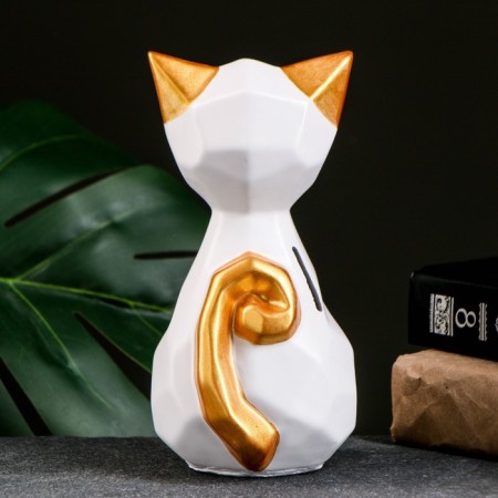 Piggy bank "Geometric cat" white/gold, 19cm-2