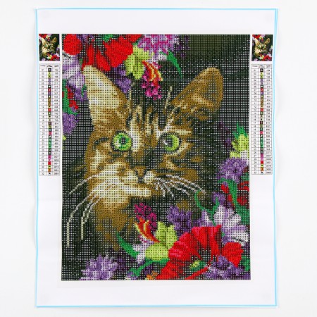 Diamond mosaic with full filling "Cat in flowers" 30x40 cm, canvas, capacity-5