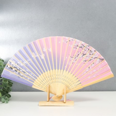 Fan bamboo, textile h = 21 cm "butterflies in sakura" lilac-pink, with a brush-1