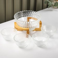 A set of glass salad bowls on the Tondo stand, 5 items: large 2.2 l, small 330 ml