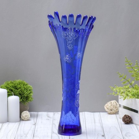 Vase "Coral" H 380 mm. from blue glass (manual painting) Fig. No. 3 (Bel.)-1