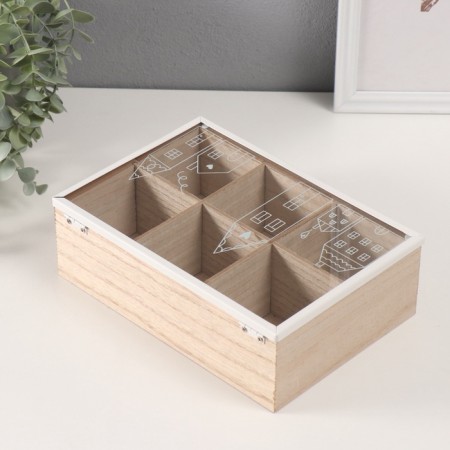 Casket wood 6 divisions "houses" 16x24x7.5 cm-3