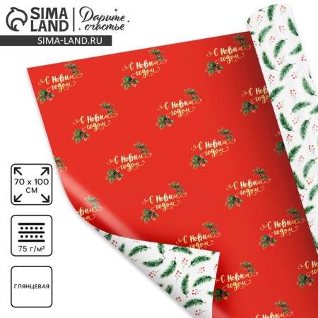Paper packing glossy bilateral "New Year's branches", 70 x 100 cm, New Year