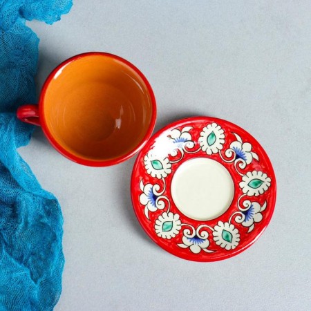 Tea couple Rishtan ceramics "Patterns", 100 ml, (plate 10cm, cup 7.5cm), red-7