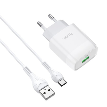 Network charger Hoco C72Q, 18 W, USB Qc3.0 - 3 A, Type -C 1 m cable, white-1