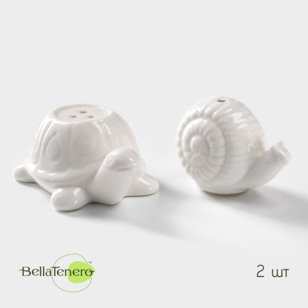 Porcelain set for bellatenero spices “Turtle and Snail”, 2 items: Solonka, List, 40 ml, white color