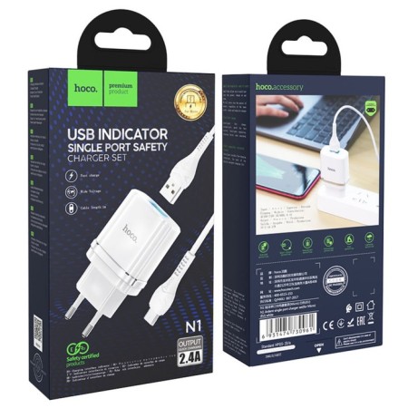 Network charger Hoco N1, 1 USB, 2.4 A, Micro USB -USB, 1 m, white cable-2