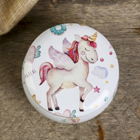 Casket Metal Circle "Unicorn with Wings" Convex pattern 5x7.5x7.5 cm-2