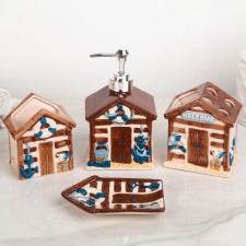 A set of accessories for the bathroom of the Mayak, 4 items (400 ml dispenser, soap dish, 2 glasses), brown color